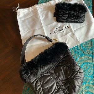 Coach Black Satin and Fur Bag w/ Matching Wristlet